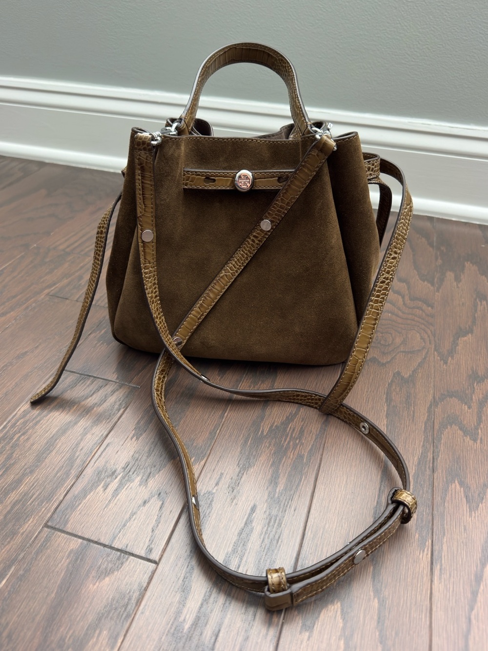 Tory Burch Romy Suede Bucket Bag - Deep Olive - Picture 3 of 10
